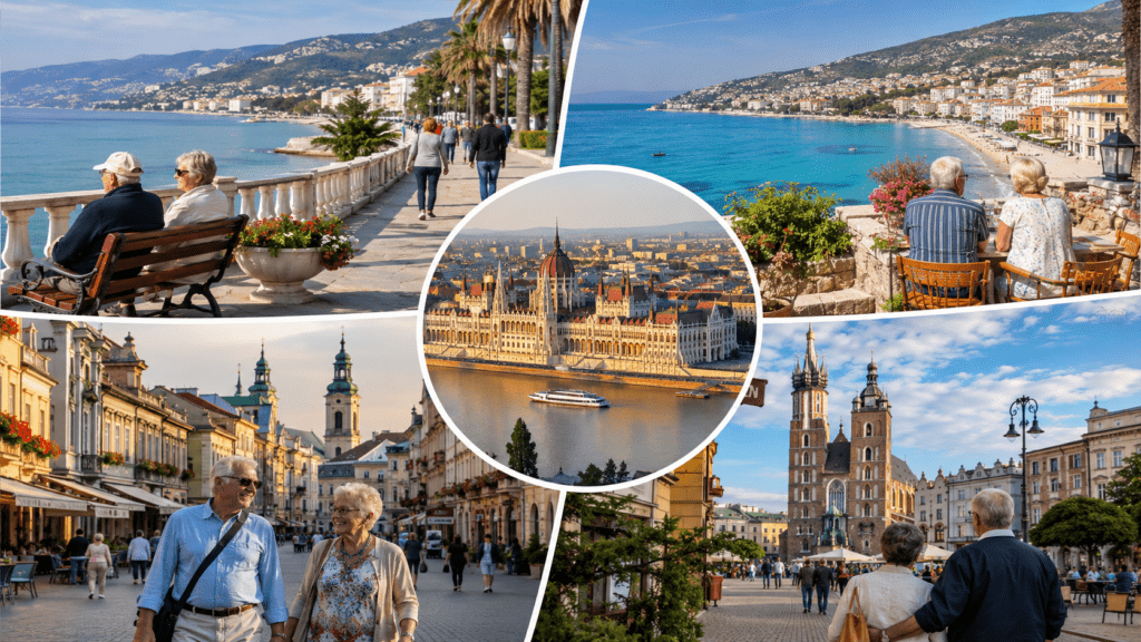 American retirees exploring affordable European destinations: Bulgaria, Albania, Hungary, Poland. Beaches, historic cities, and cultural lifestyle for 2026 retirement.