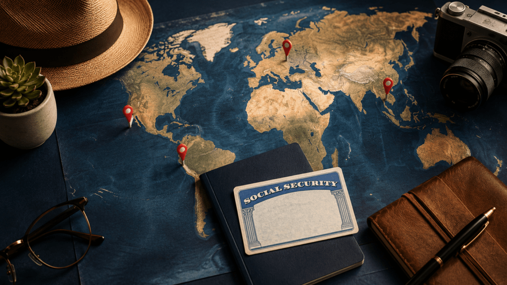 Social Security retirement abroad planning with passport, world map, and international retirement destinations for Americans